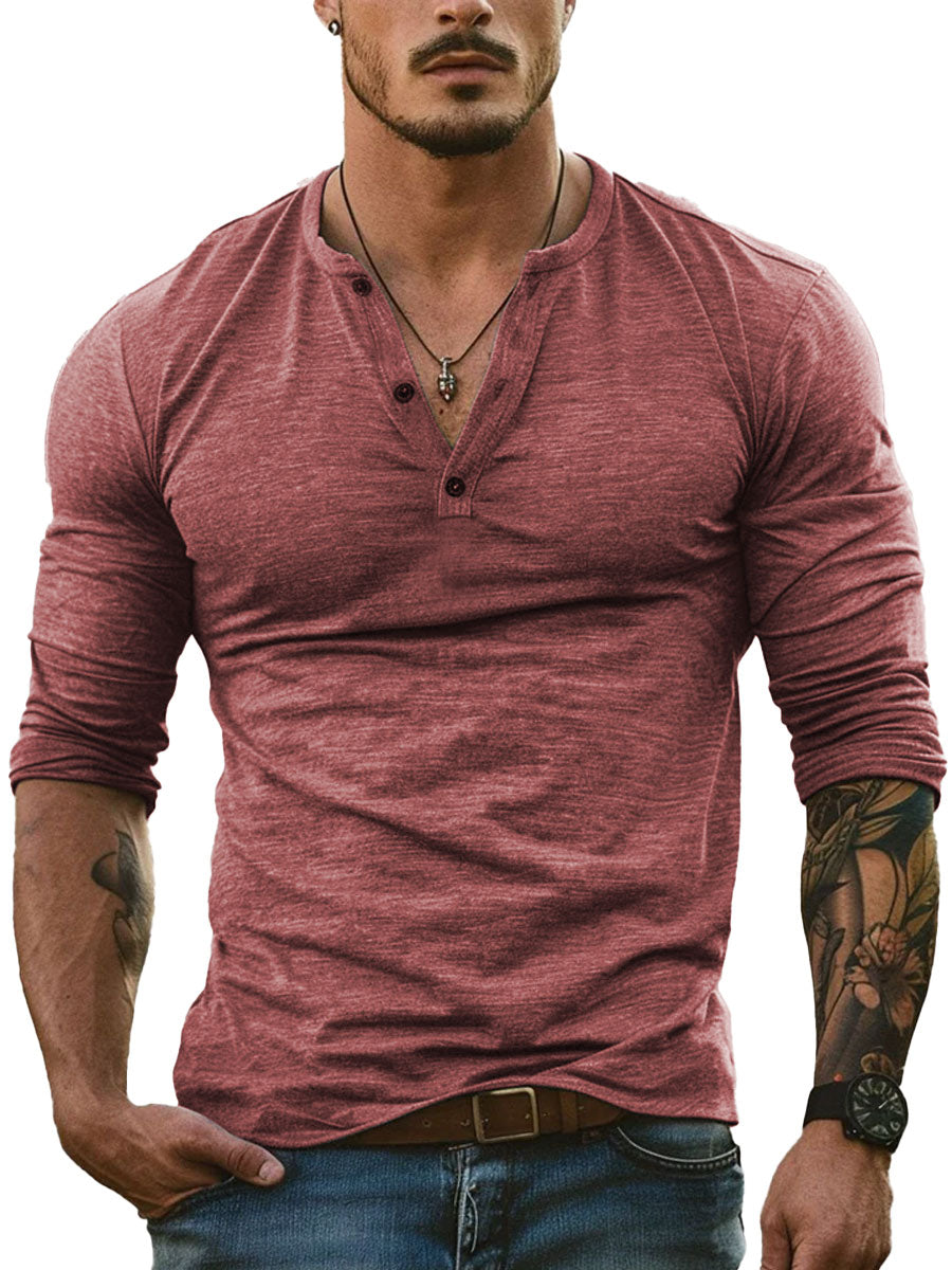 T-shirt Casual a Maniche Lunghe con Collo Henley