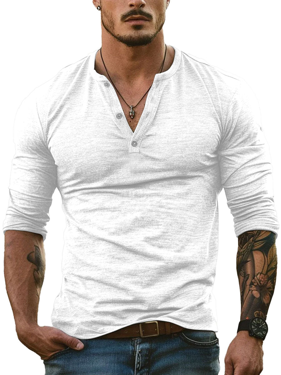 T-shirt Casual a Maniche Lunghe con Collo Henley