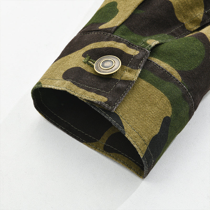 Giacca Retro in Tela Camouflage con Rever