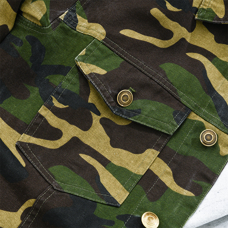 Giacca Retro in Tela Camouflage con Rever