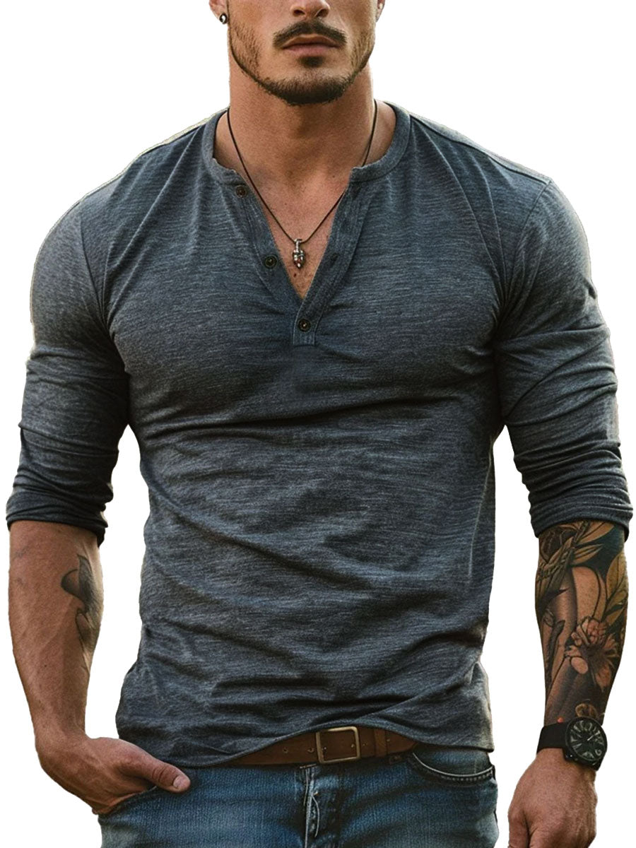 T-shirt Casual a Maniche Lunghe con Collo Henley