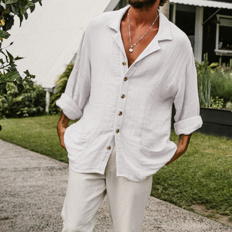 Camicia Casual Manica Lunga in Cotone e Lino