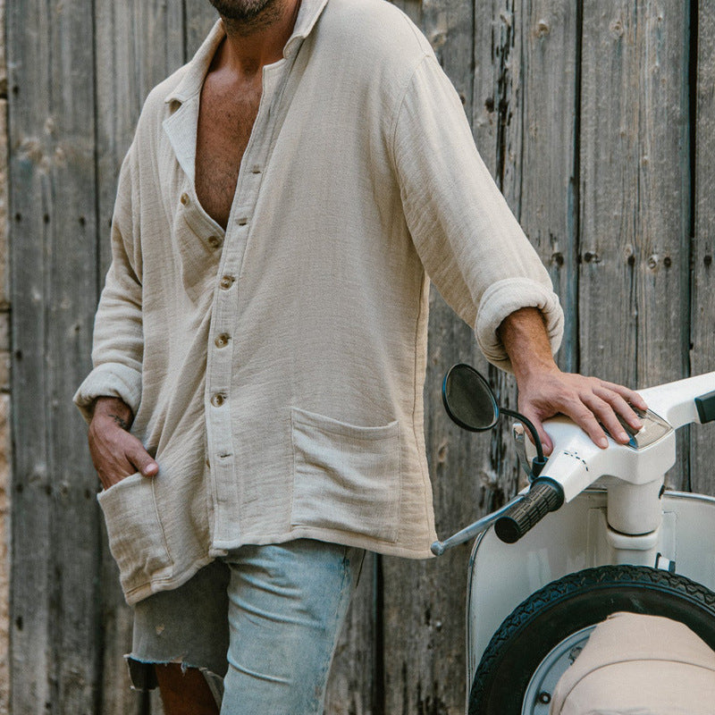 Camicia Casual Manica Lunga in Cotone e Lino