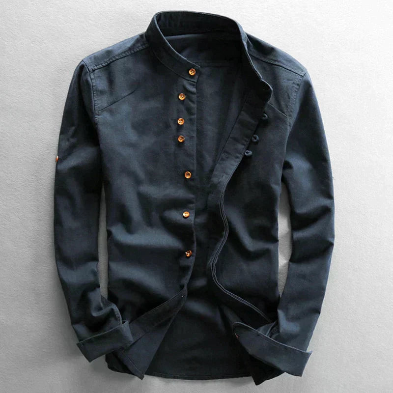 Camicia Slim Fit con Collo alla Francese e Maniche Lunghe