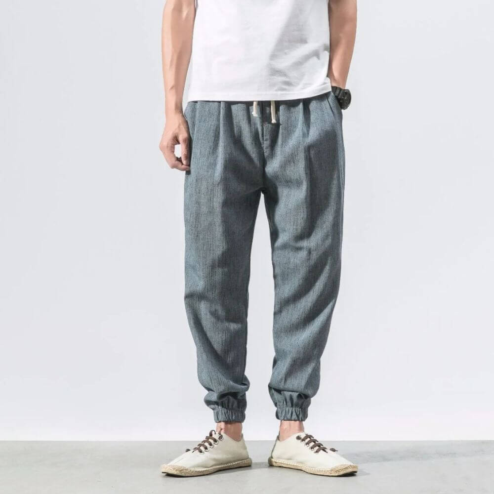 Pantaloni Comodi Cotone Lino Blu Marino
