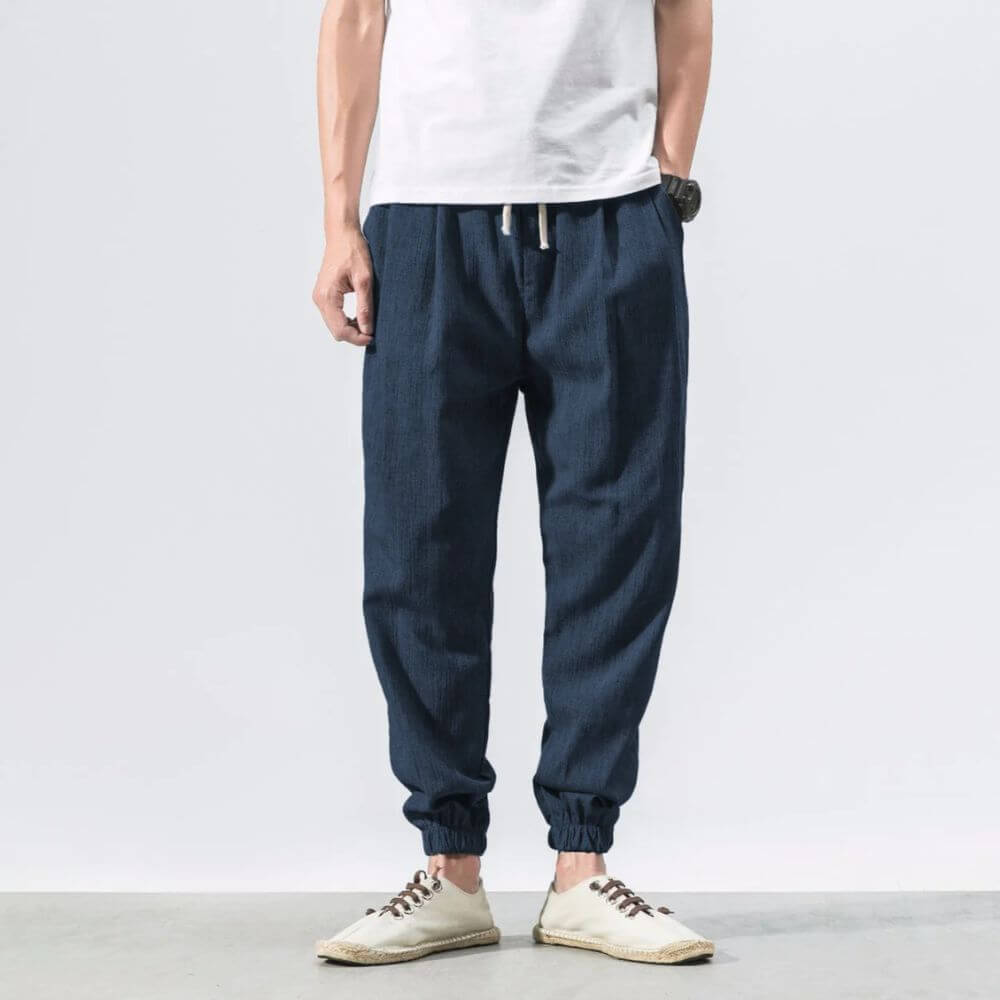 Pantaloni Comodi Cotone Lino Blu Marino