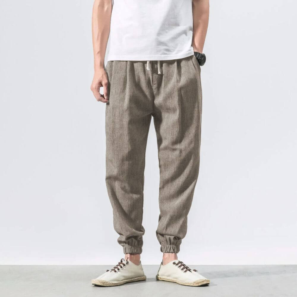 Pantaloni Comodi Beige in Cotone e Lino