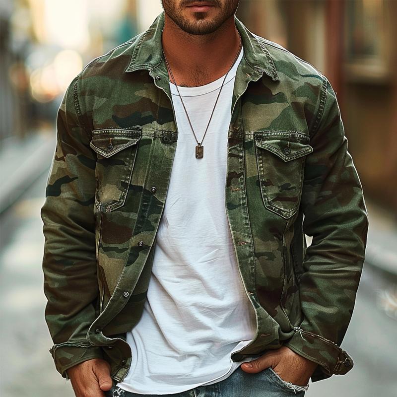 Giacca Retro in Tela Camouflage con Rever