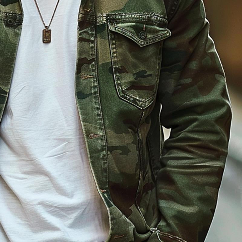 Giacca Retro in Tela Camouflage con Rever
