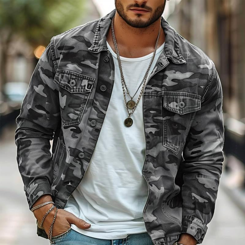 Giacca Retro in Tela Camouflage con Rever