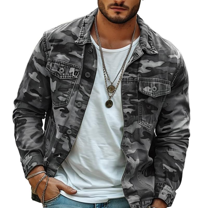 Giacca Retro in Tela Camouflage con Rever