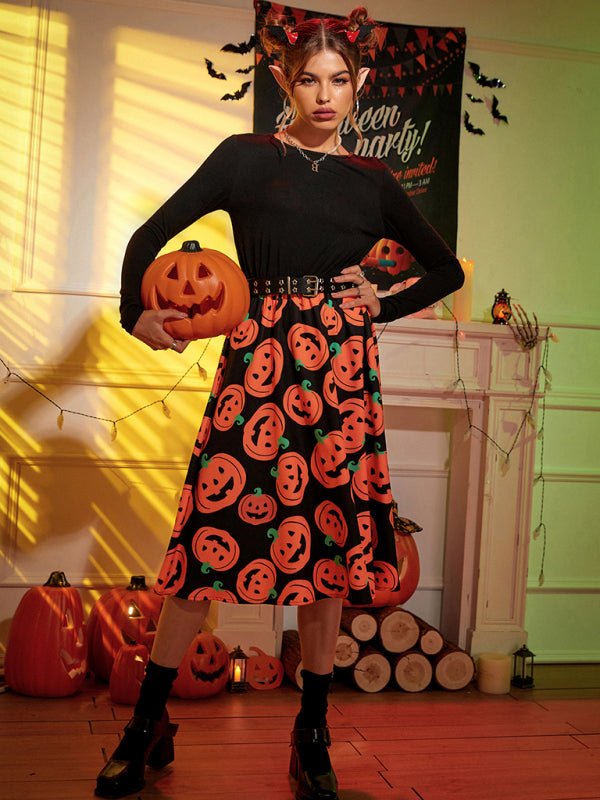 Abito Costume di Halloween a Maniche Lunghe con Stampa di Zucca | Midi