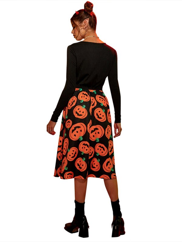 Abito Costume di Halloween a Maniche Lunghe con Stampa di Zucca | Midi
