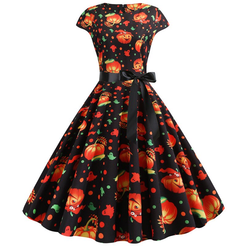 Vestito Costume di Halloween con Stampa di Zucca Carina | Midi