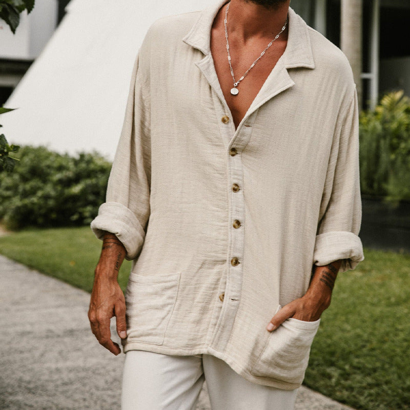 Camicia Casual Manica Lunga in Cotone e Lino