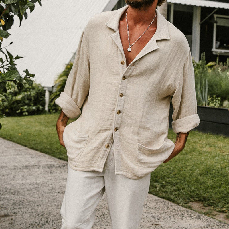 Camicia Casual Manica Lunga in Cotone e Lino