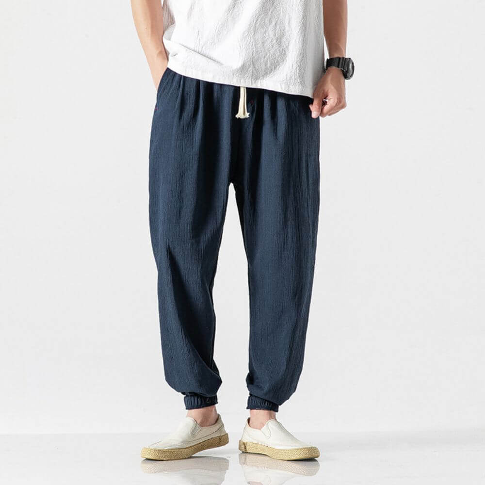 Pantaloni Comodi Cotone Lino Blu Marino