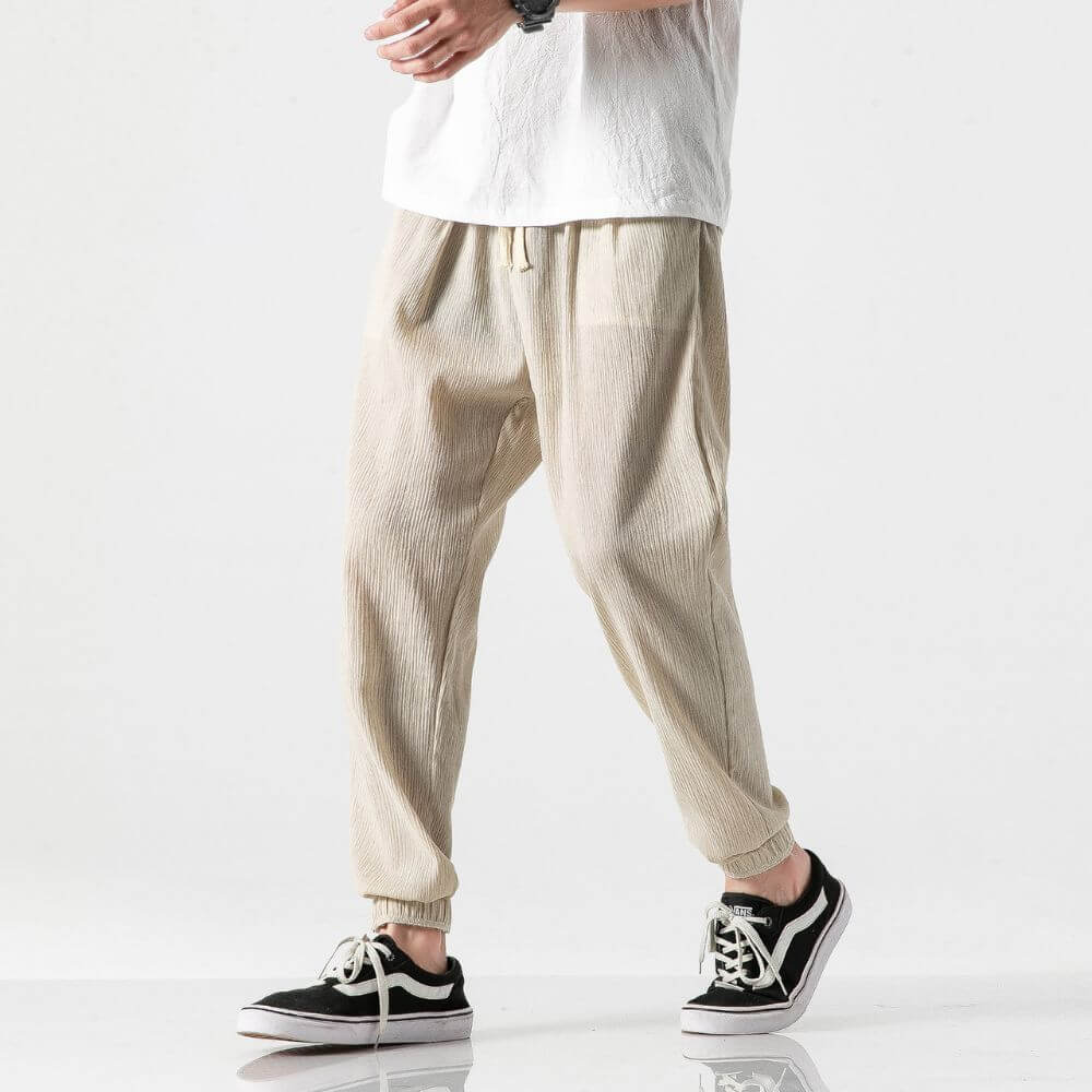 Pantaloni Comodi Beige in Cotone e Lino
