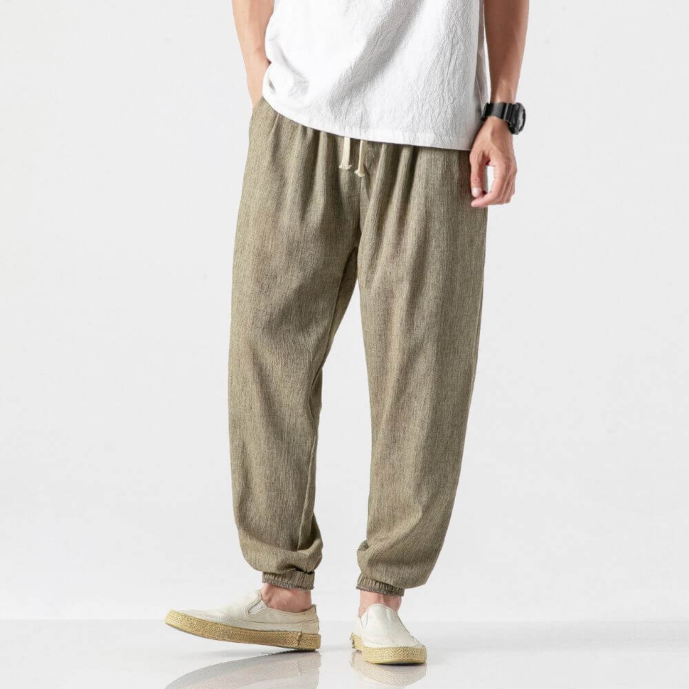 Pantaloni Comodi Cotone Lino Khaki