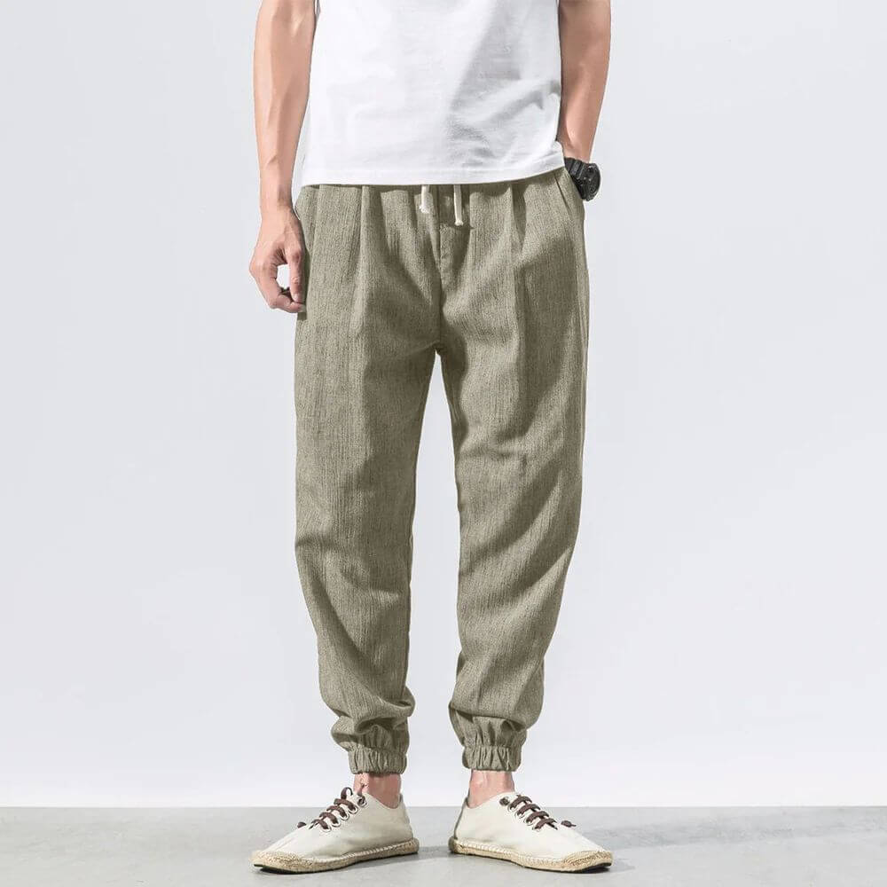 Pantaloni Comodi Beige in Cotone e Lino