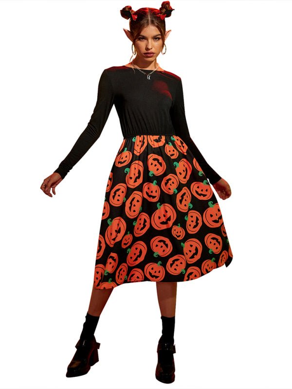 Abito Costume di Halloween a Maniche Lunghe con Stampa di Zucca | Midi