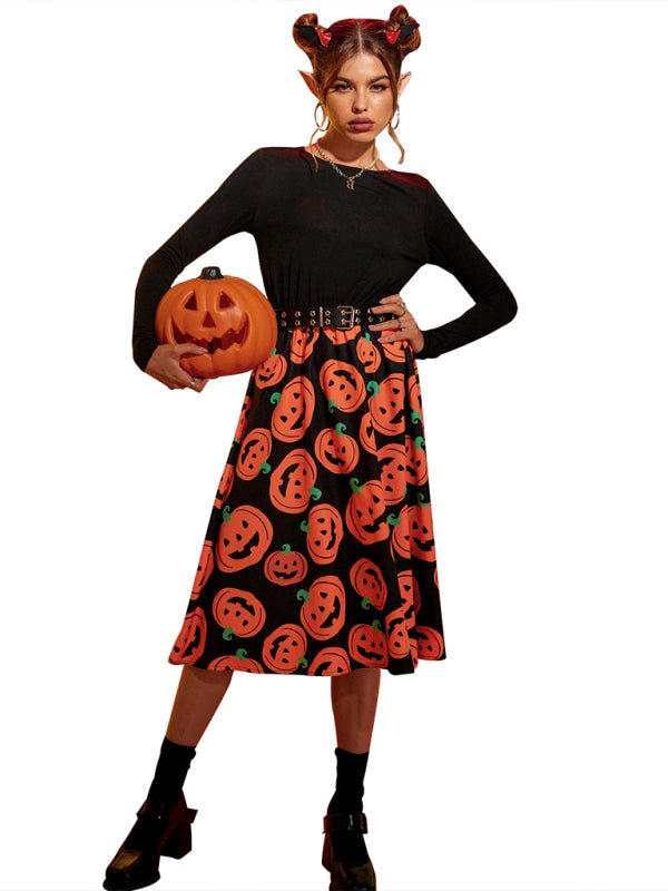 Abito Costume di Halloween a Maniche Lunghe con Stampa di Zucca | Midi
